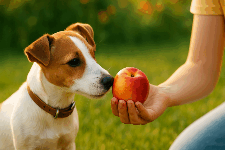 Hund schnüffelt neugierig an einer Nektarine, bevor er sie frisst